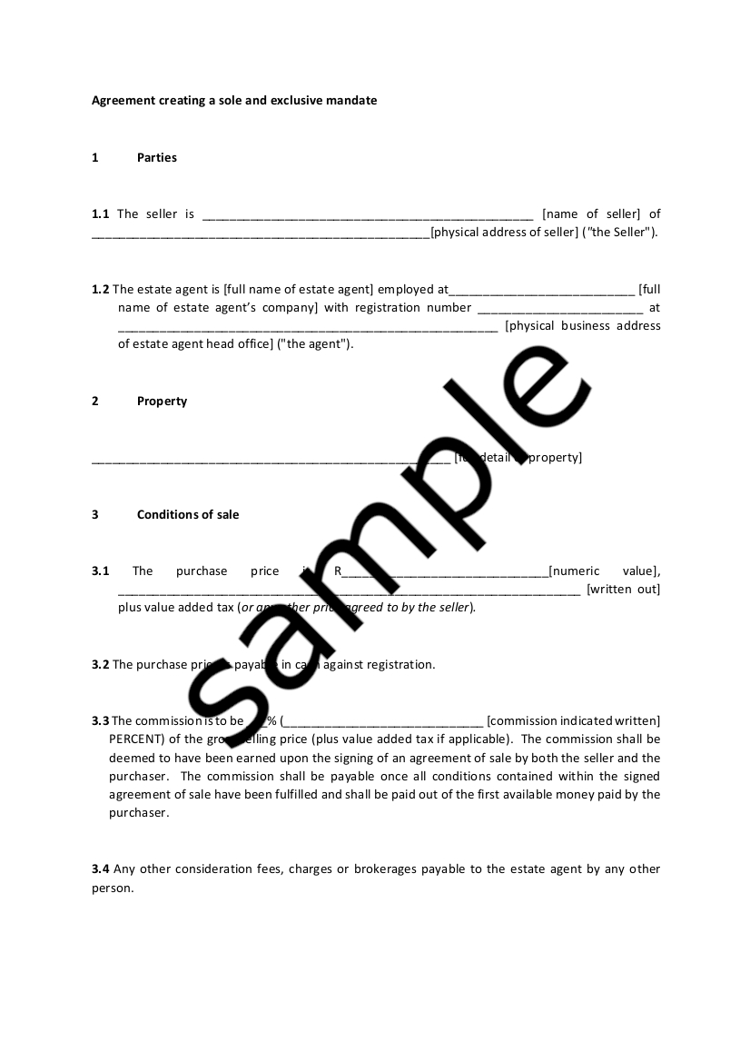 Agreement creating a sole and exclusive mandate – My Legal Briefcase Intended For sole mandate agreement template